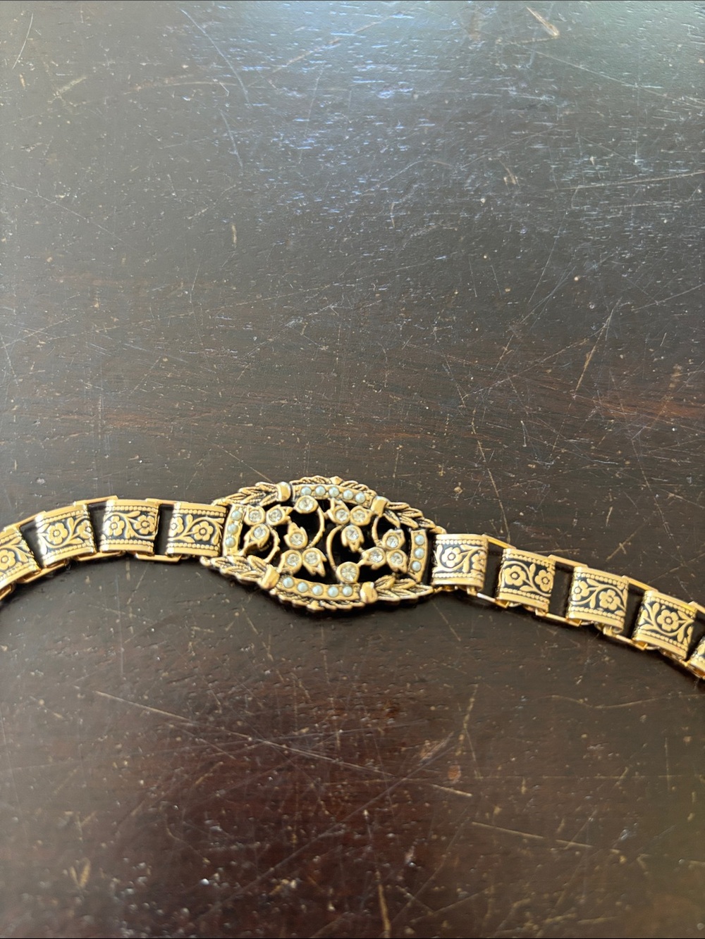 Vintage Gold-Tone Floral Link Bracelet with Clear Stones